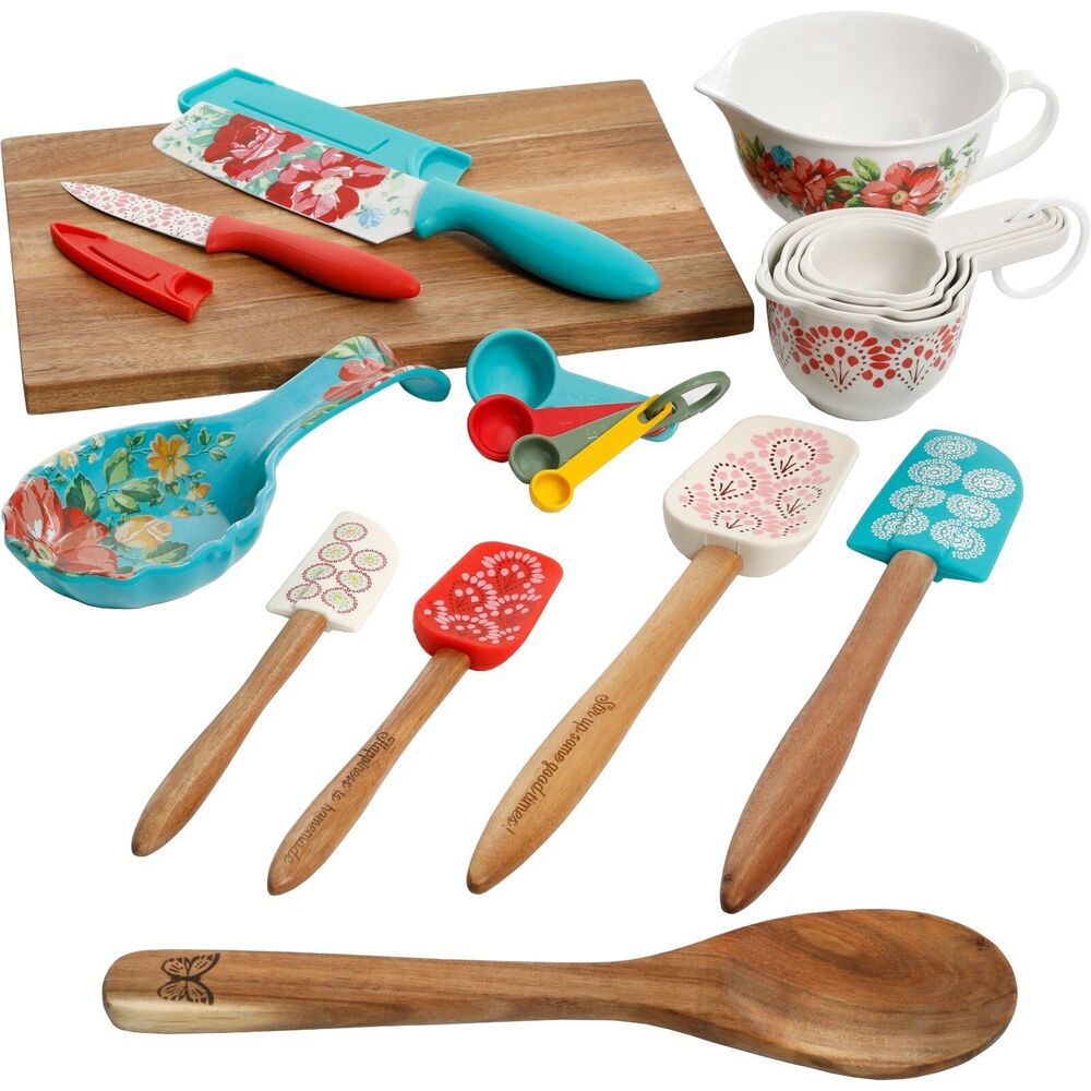 Pioneer Woman Vintage Floral Gadget Set 20Pc Set Measuring Cups Board Spatulas